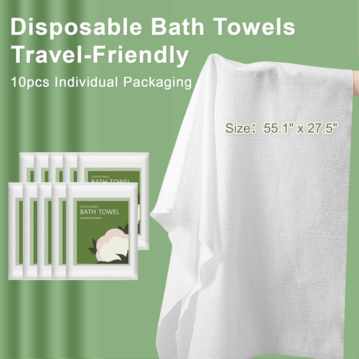 White disposable bath towel sheet with stacked 10-pack individual packaging