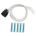Throttle body connector pigtail harness with black plug, white wire bundle, and blue terminals