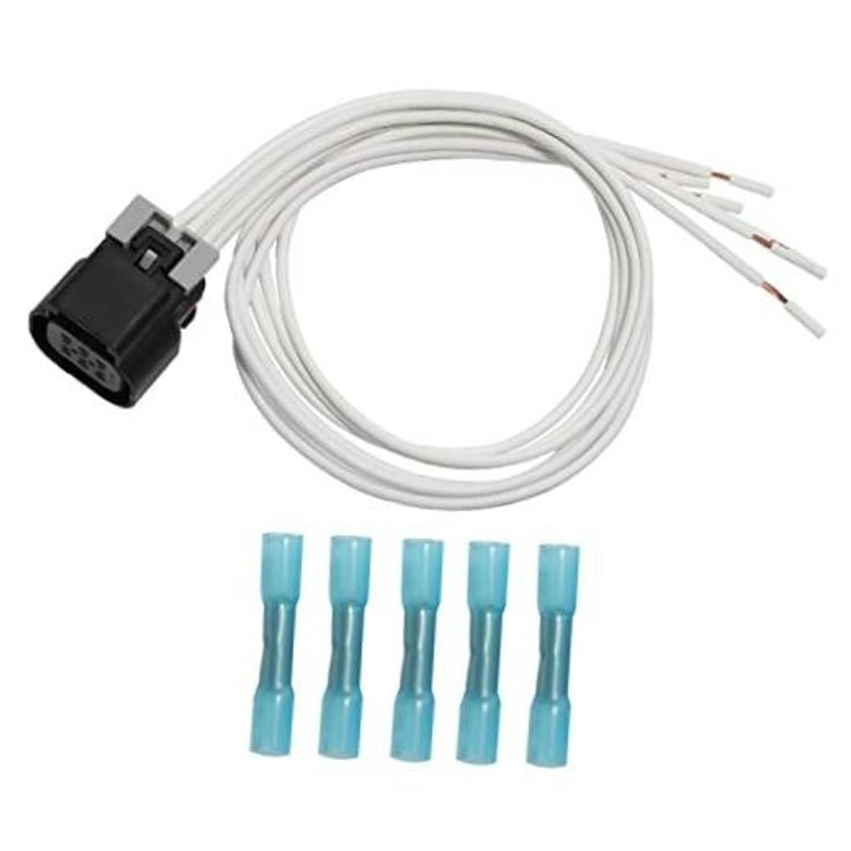 Throttle body connector pigtail harness with black plug, white wire bundle, and blue terminals