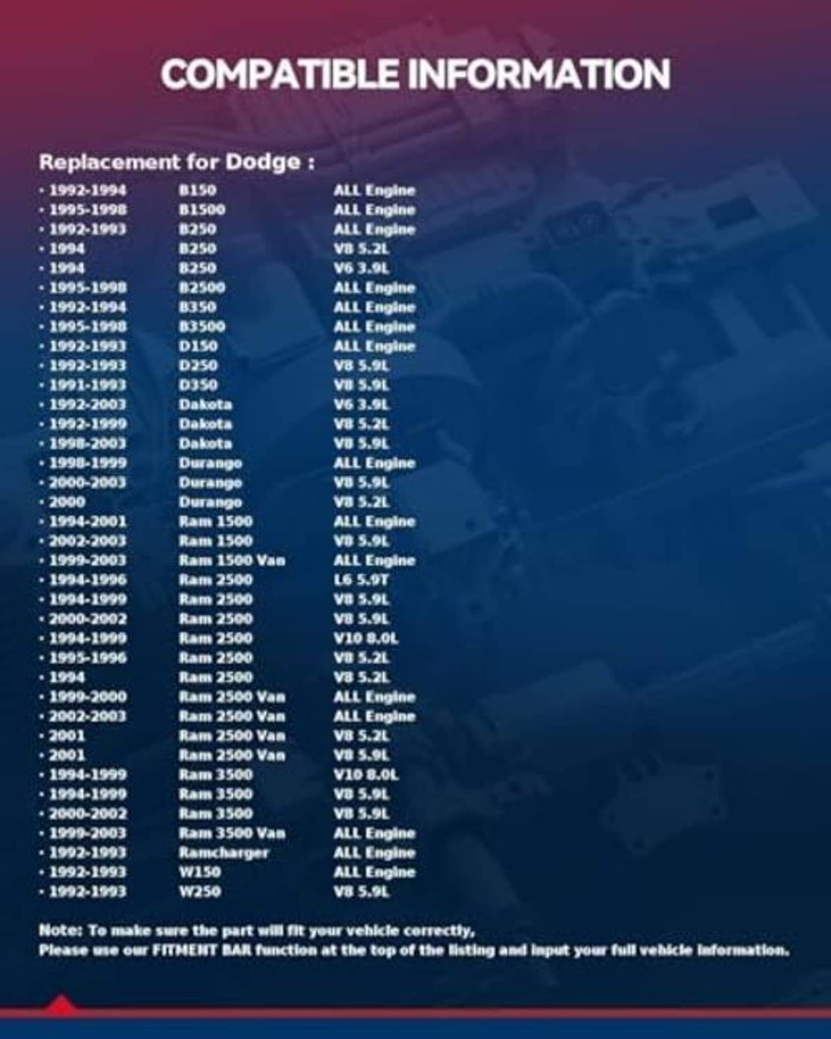 Compatibility information chart graphic for idle air control valve