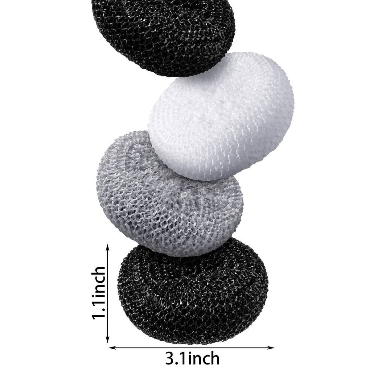 Round nylon dish scrubber pads, 3.1 in diameter and 1.1 in thickness, black/white/gray
