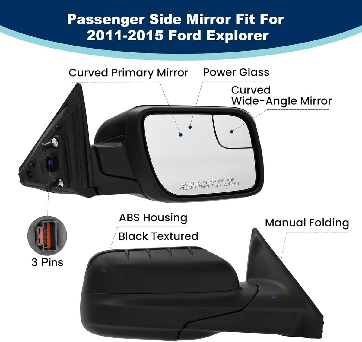 Right side mirror with curved clear glass, black ABS textured housing, manual fold