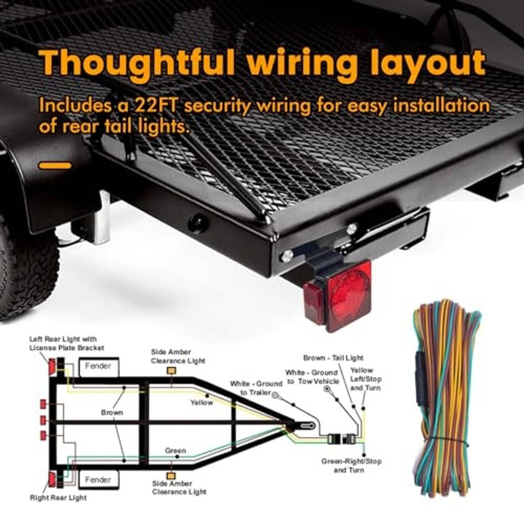 Trailer LED light wiring setup with bundled multicolor wires and rear lamp