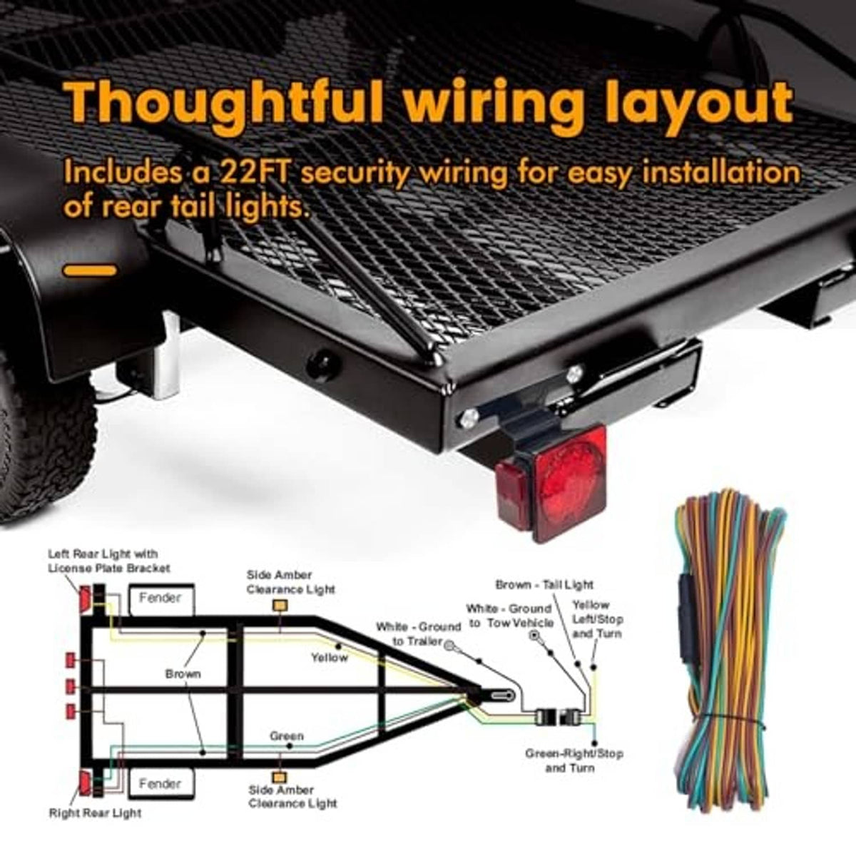 Trailer LED light wiring setup with bundled multicolor wires and rear lamp