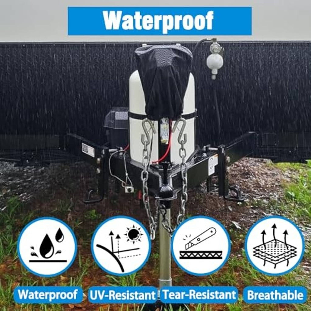 Black waterproof RV electric tongue jack cover with D-ring tie-down chains installed
