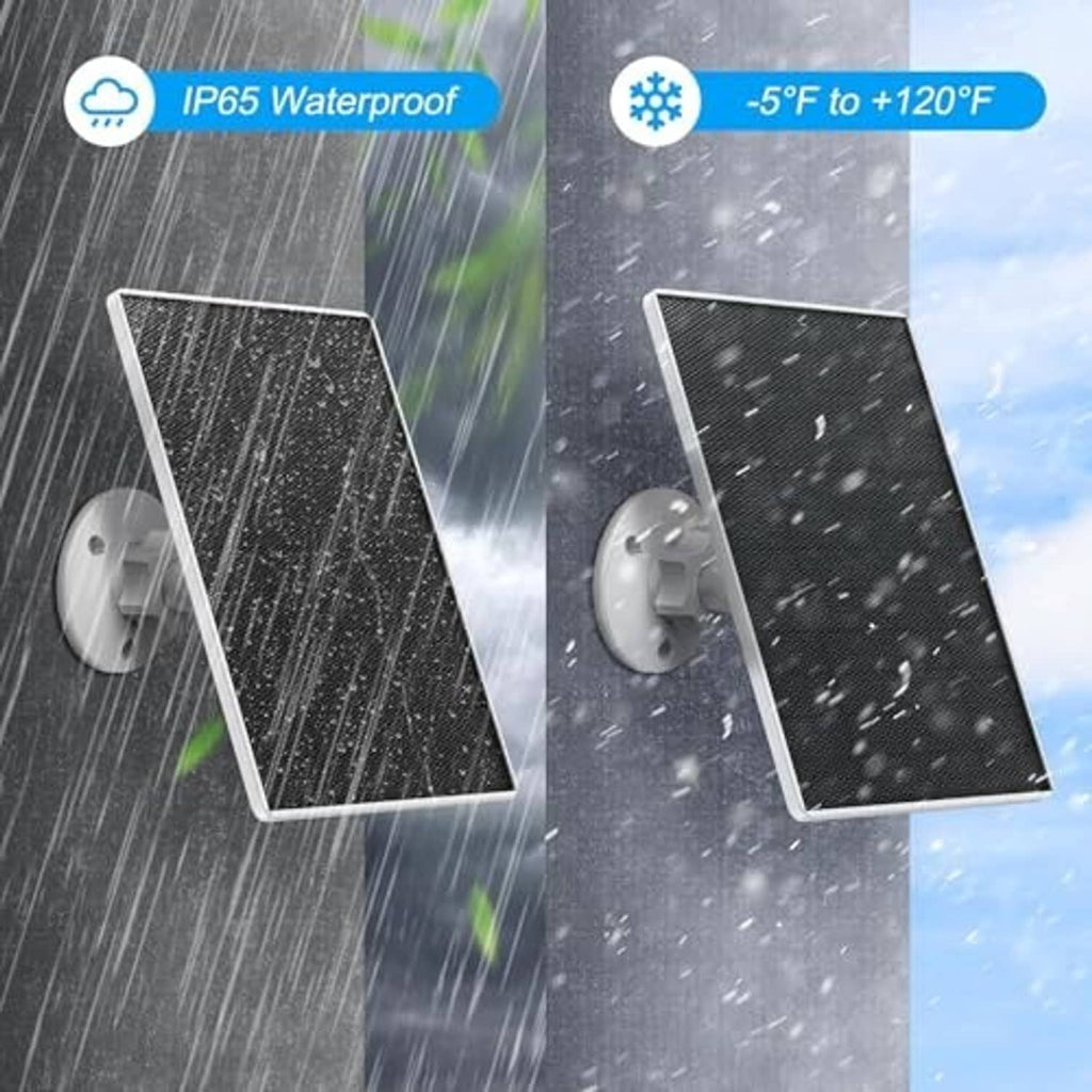Weatherproof solar panel charger shown in rain and outdoor conditions with wall mount