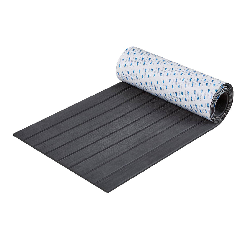Dark gray EVA foam boat deck flooring sheet with rolled backing, faux teak pattern