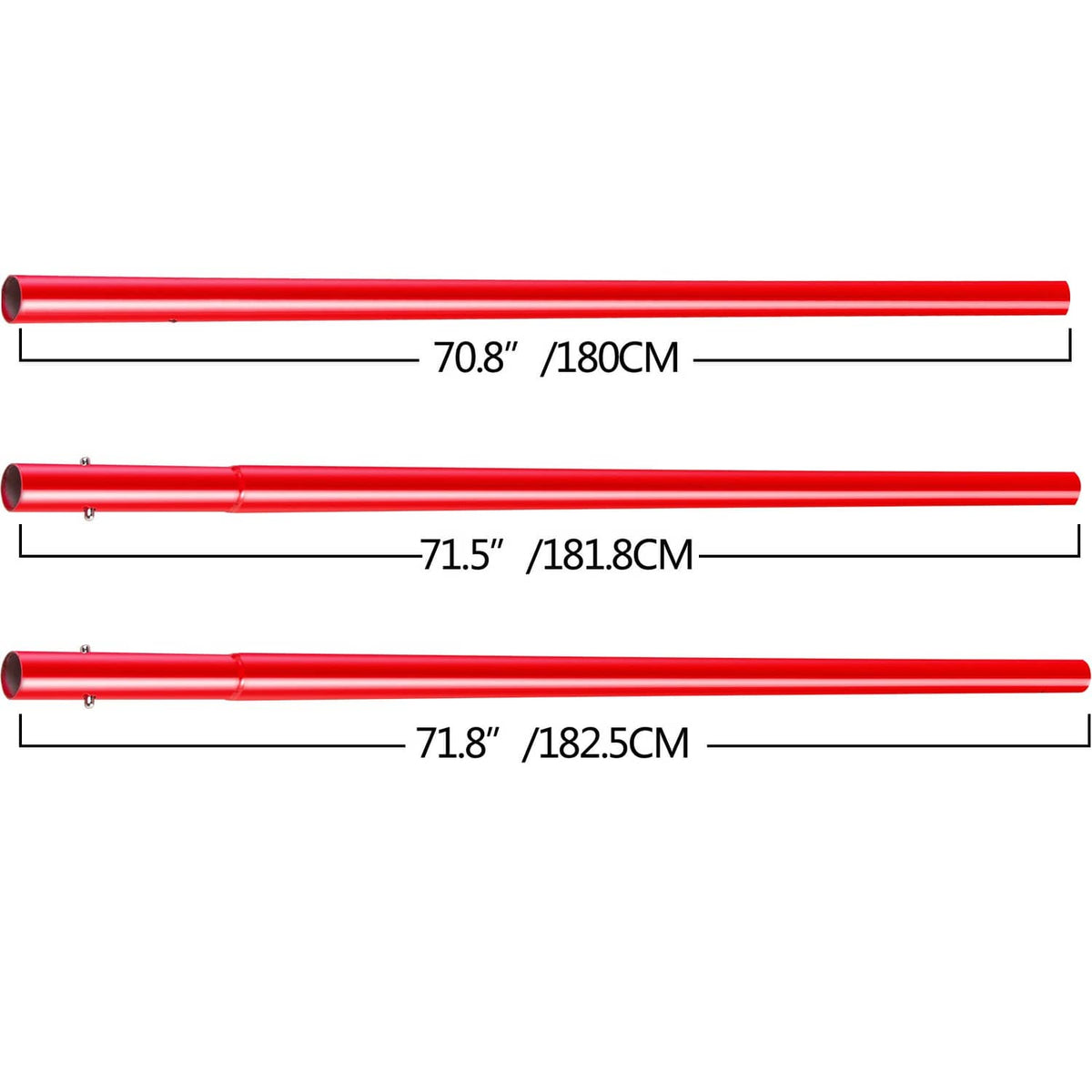 Red float handle tubes with three length measurements: 70.8, 71.5, 71.8 in
