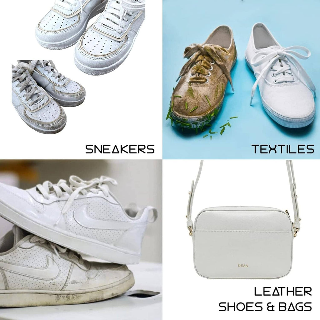White sneakers and leather shoes & bags shown for polish use
