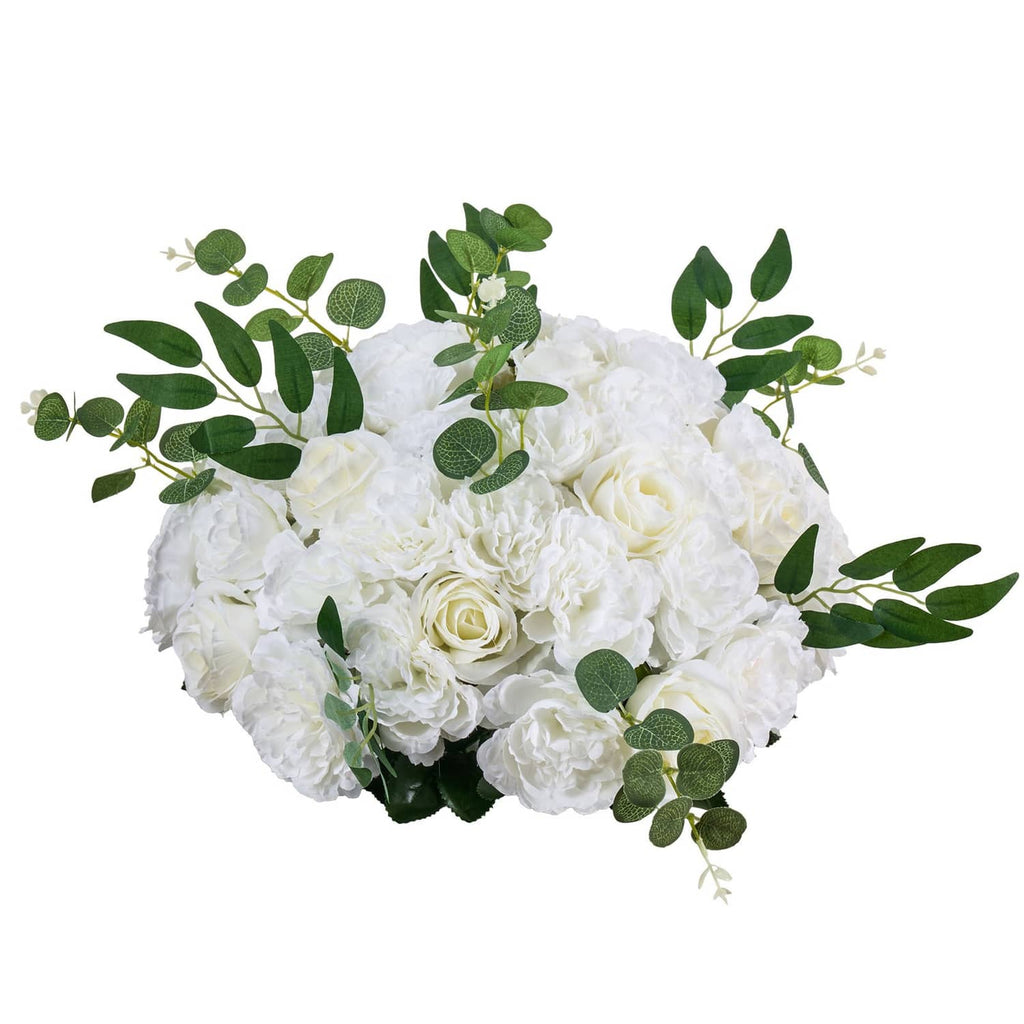 Artificial white rose flower ball with green eucalyptus leaves, full floral arrangement