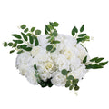 Artificial white rose flower ball with green eucalyptus leaves, full floral arrangement