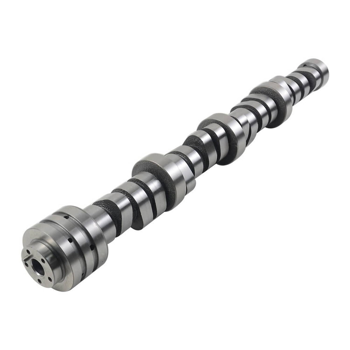 Close-up of camshaft with steel lobes and gear end