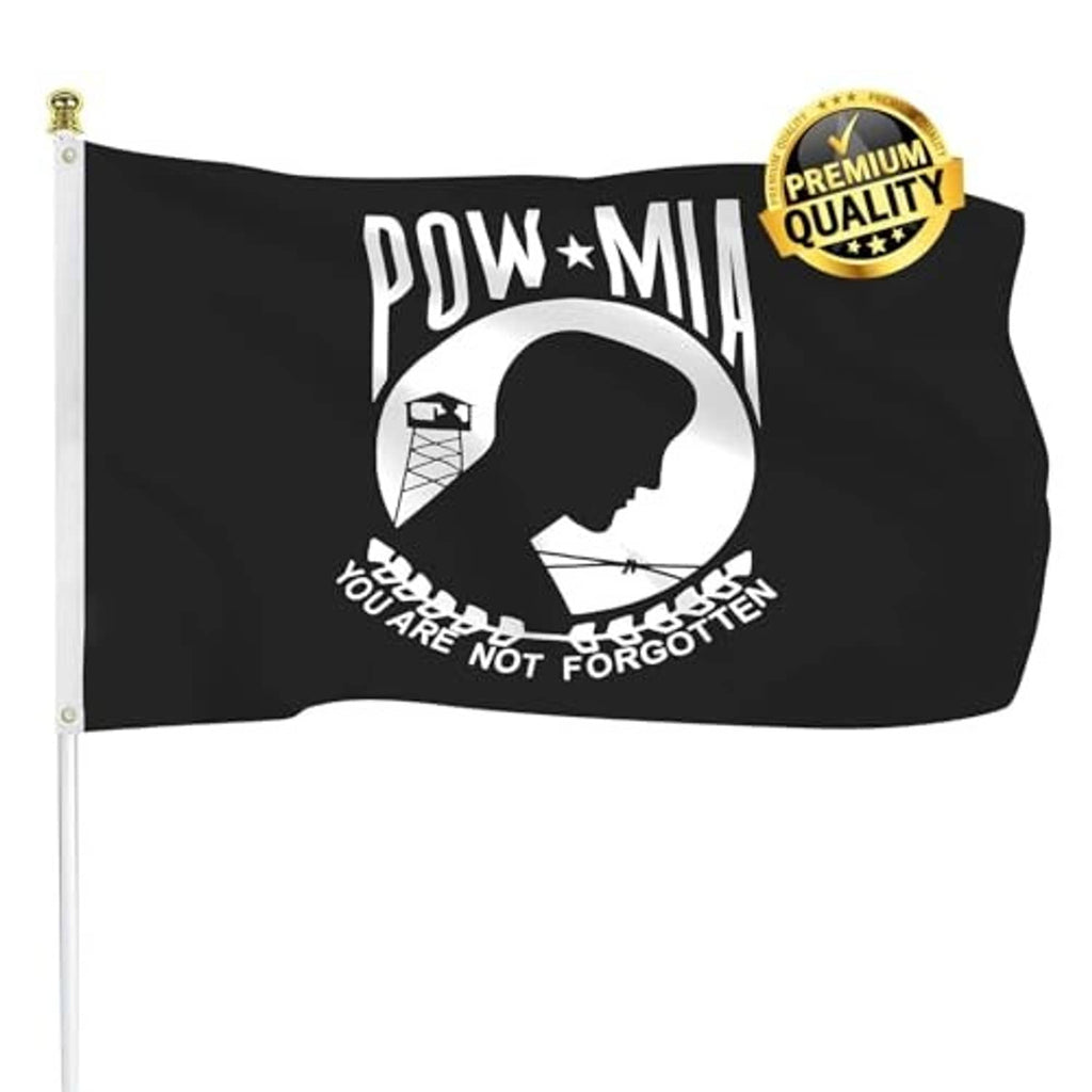 Black outdoor embroidered flag with POW-MIA profile emblem, You Are Not Forgotten text, and quality seal