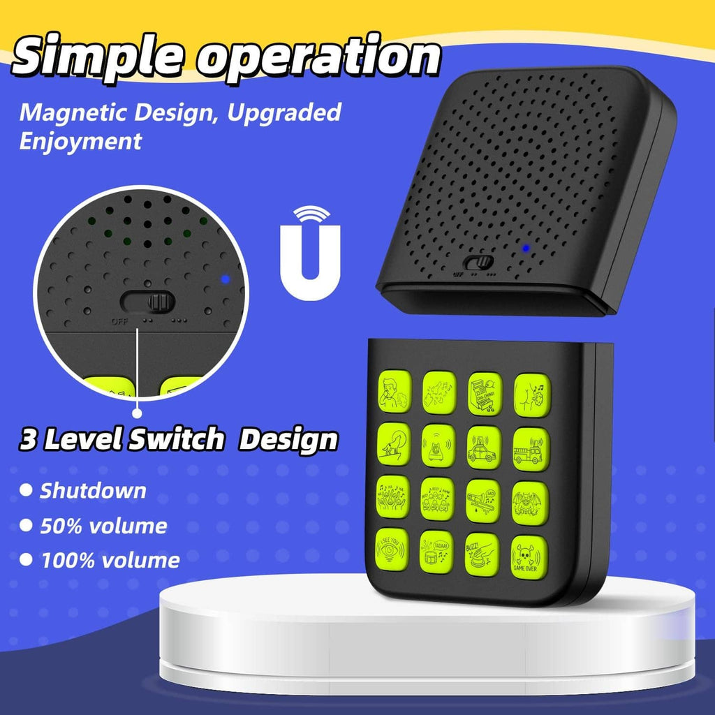 Black 3-level switch sound effects remote with green button keypad and top speaker grille