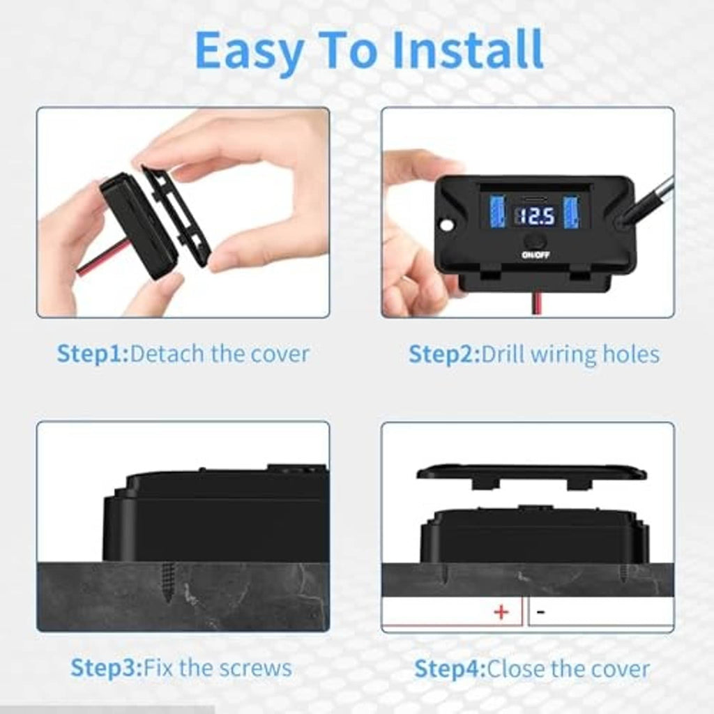 Black wall-mounted USB socket panel with detachable cover, wiring shown, mounting screws