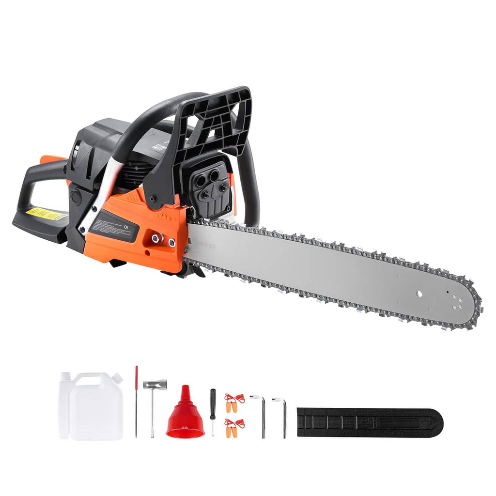 Orange and black chainsaw with gray bar and chain plus accessories kit in white