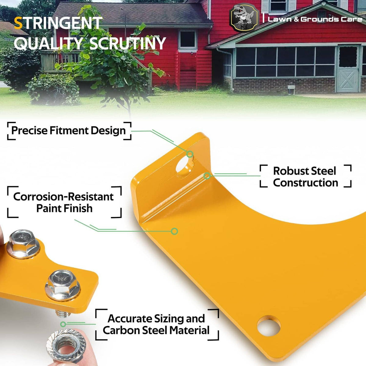Yellow transmission bracket with mounting holes and bolts, steel construction detail