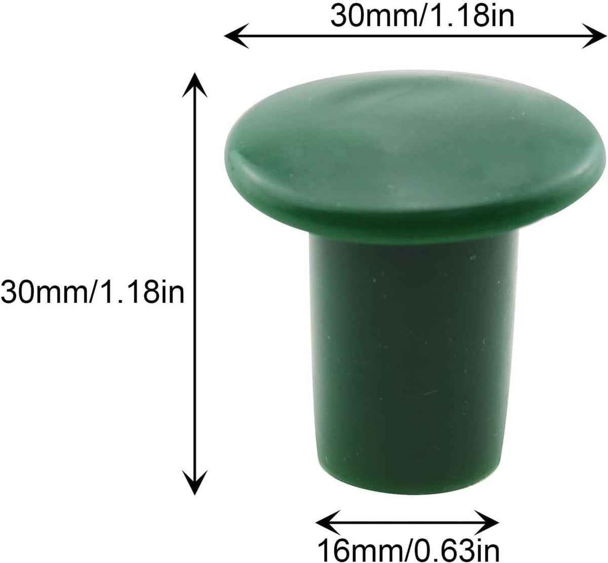 Green plastic mushroom rebar safety cap, round top and short stem, size shown