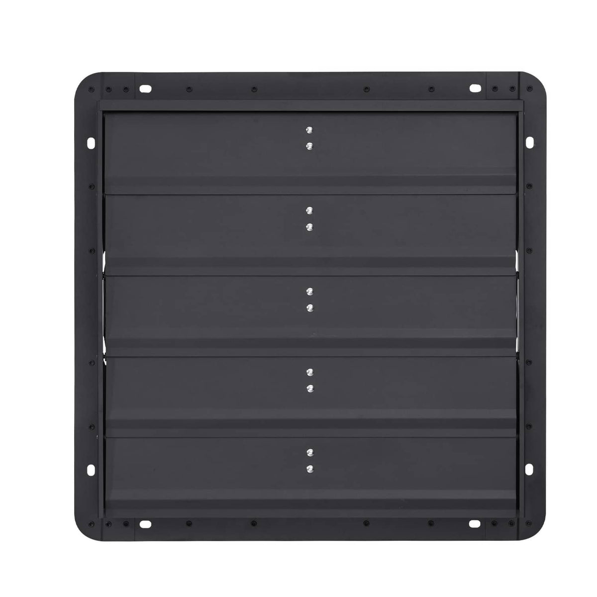 Wall-mounted shutter exhaust fan louver frame, dark square housing with side mounting tabs