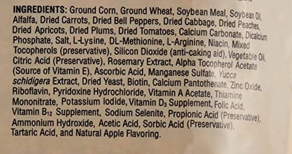 Bird food ingredient list text on Roudybush California Blend pouch close-up