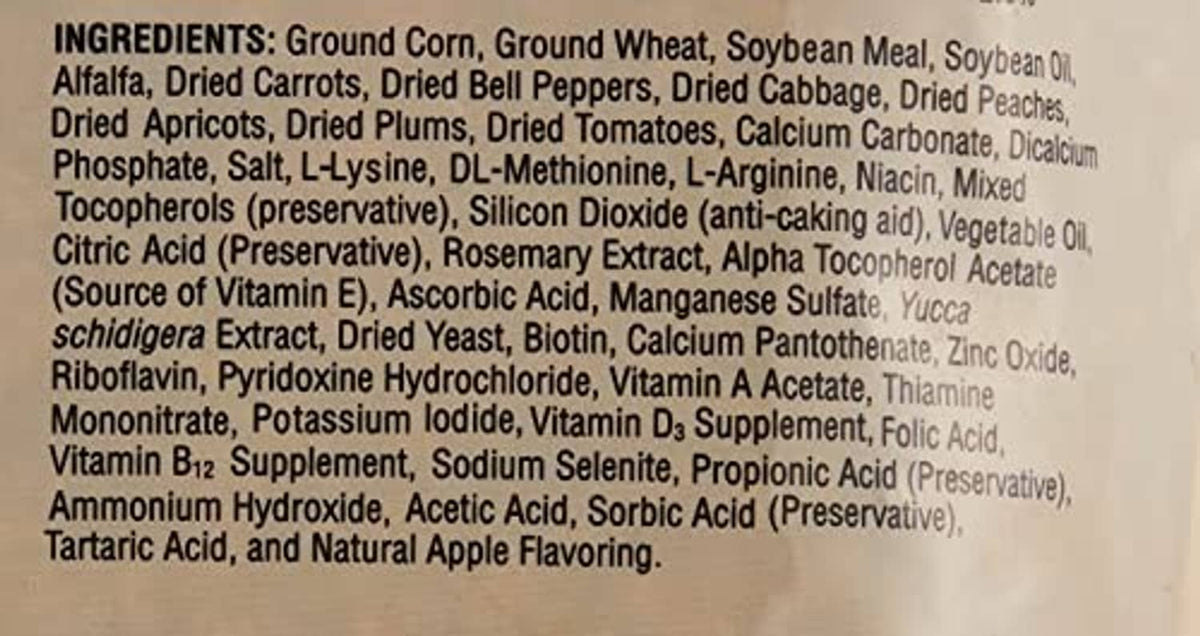 Bird food ingredient list text on Roudybush California Blend pouch close-up