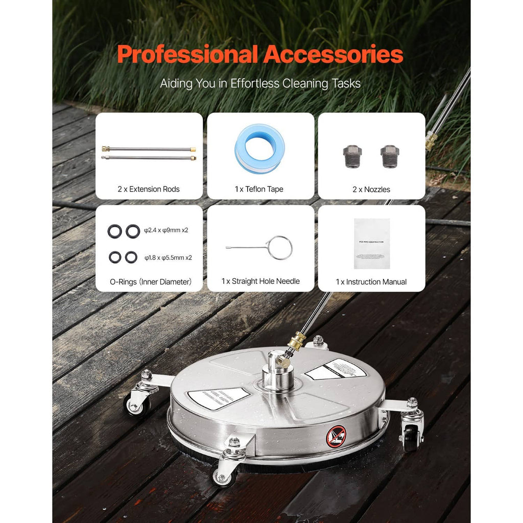Pressure washer surface cleaner kit with extension rods, nozzles, and Teflon tape