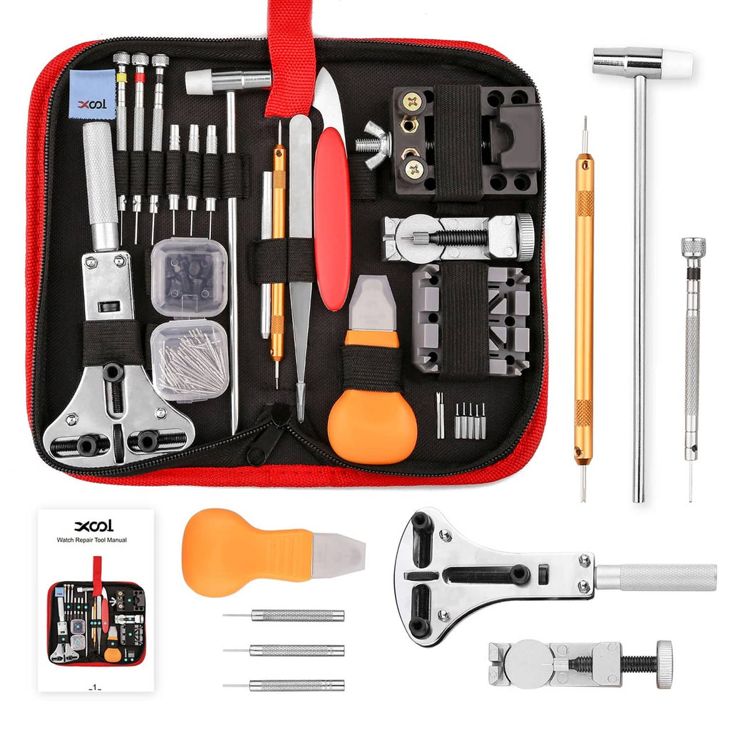 Watch repair tool kit with assorted tools in a black and red zip case