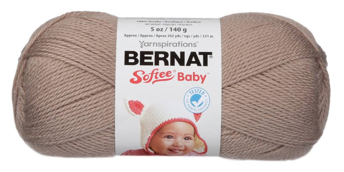 Baby polyester yarn skein in taupe with label band
