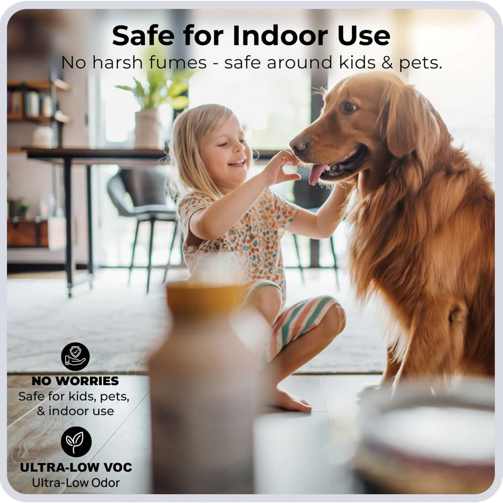 Safe for indoor use info panel with pet and child near touch-up paint product.