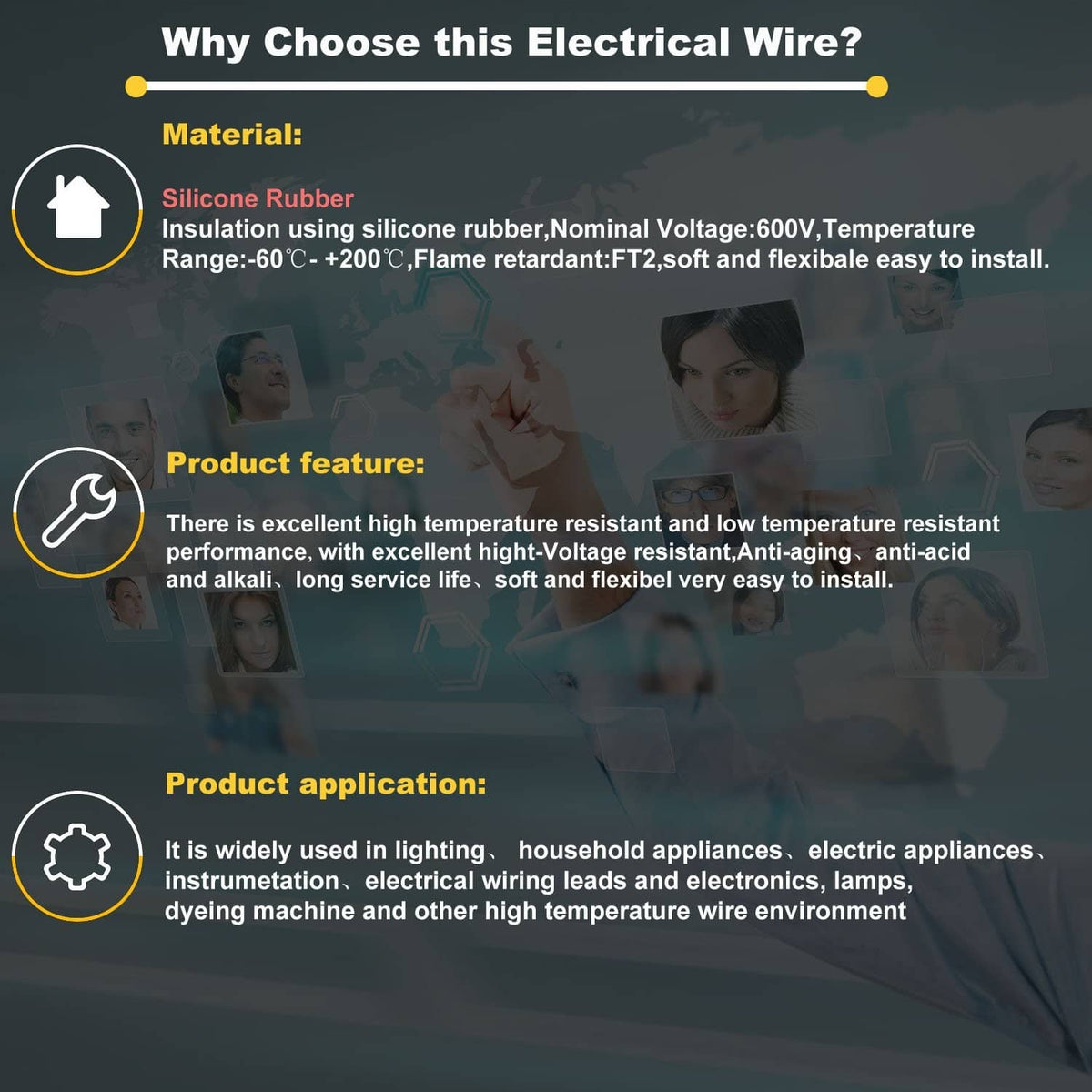 Silicone electrical wire info graphic: material and installation feature highlights