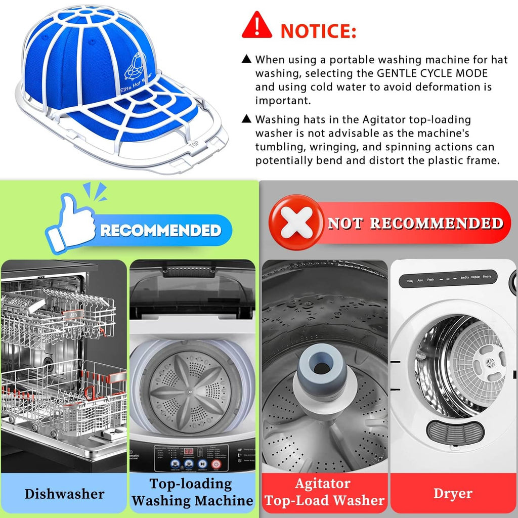 Hat washer frame for washing caps, with warning and recommended washer icons