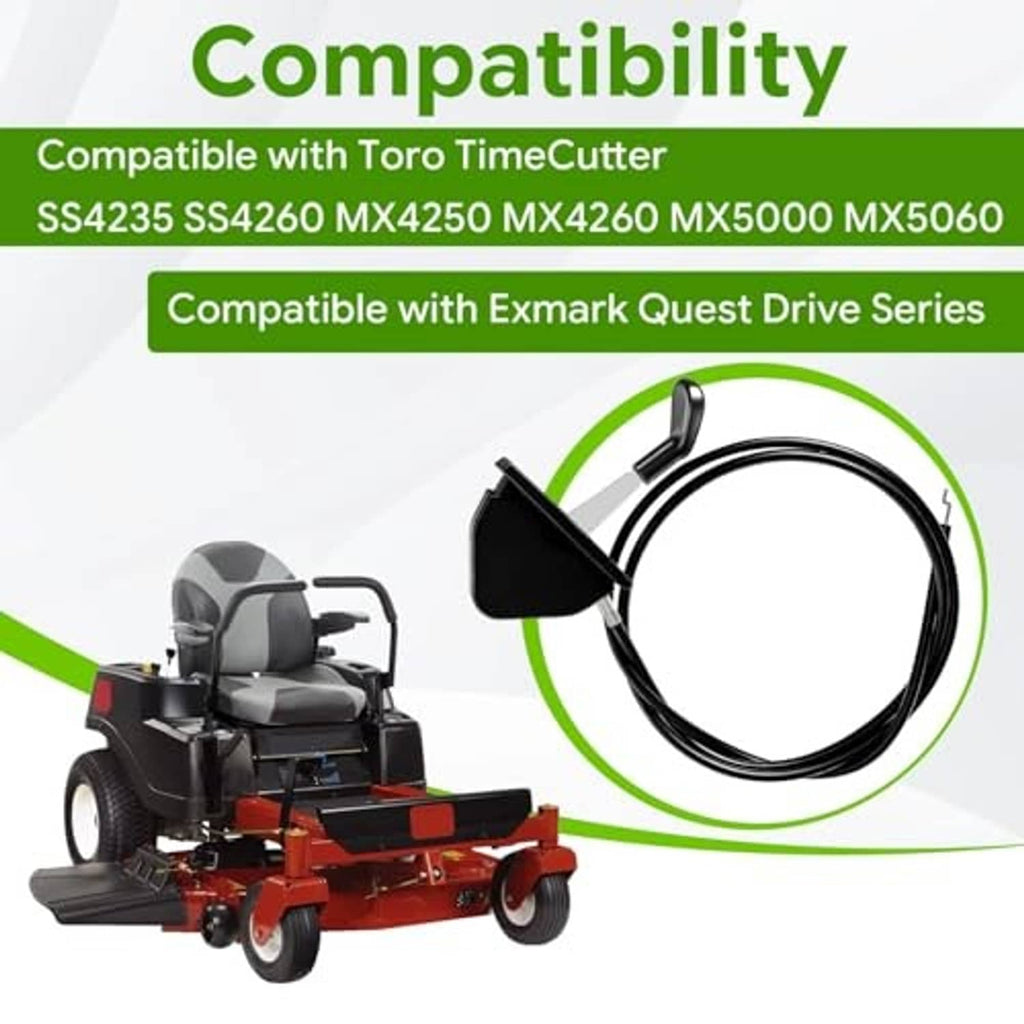 Black throttle cable assembly with lever, shown with a riding mower