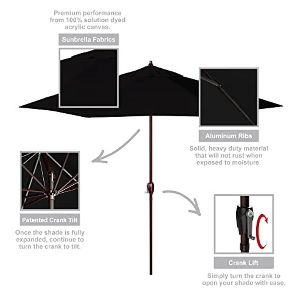 Black patio umbrella fabric panel, aluminum ribs, and crank lift mechanism