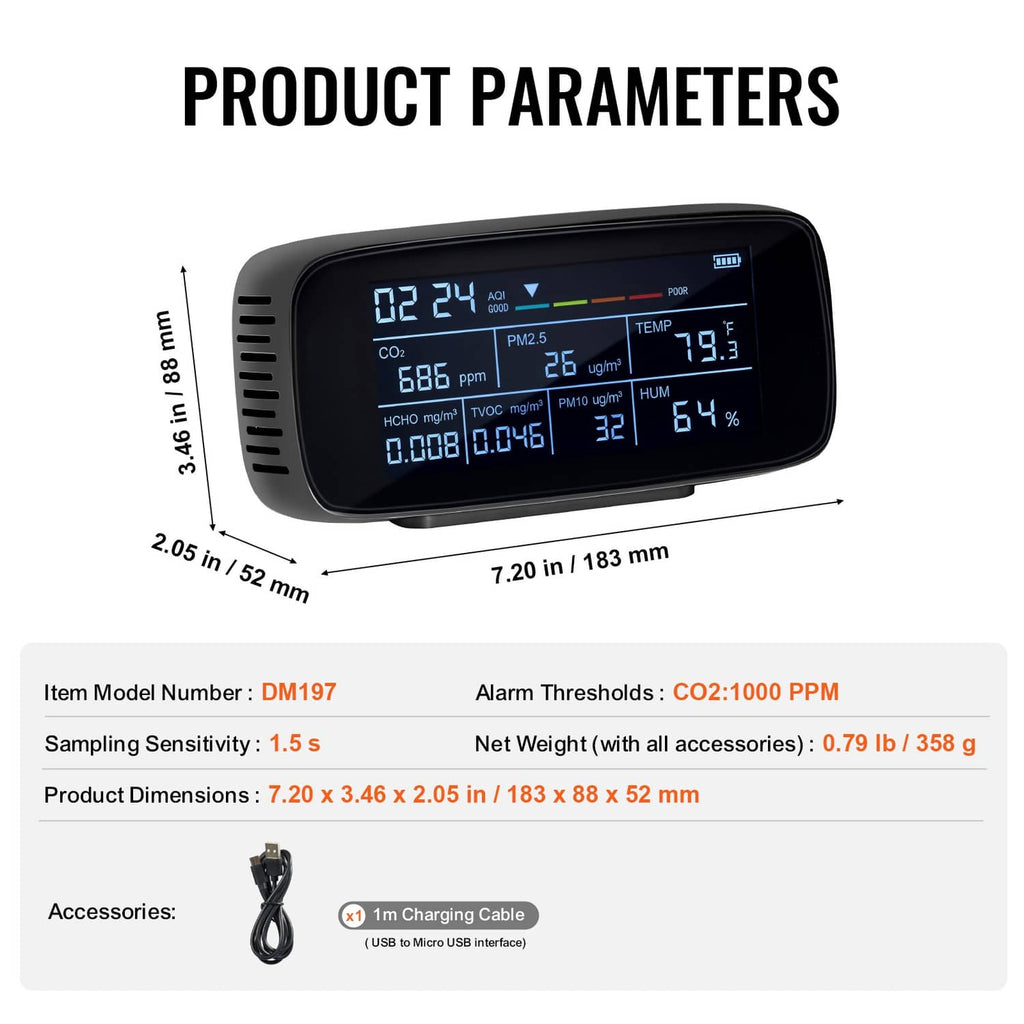 Air quality monitor with blue LCD screen and included charging cable