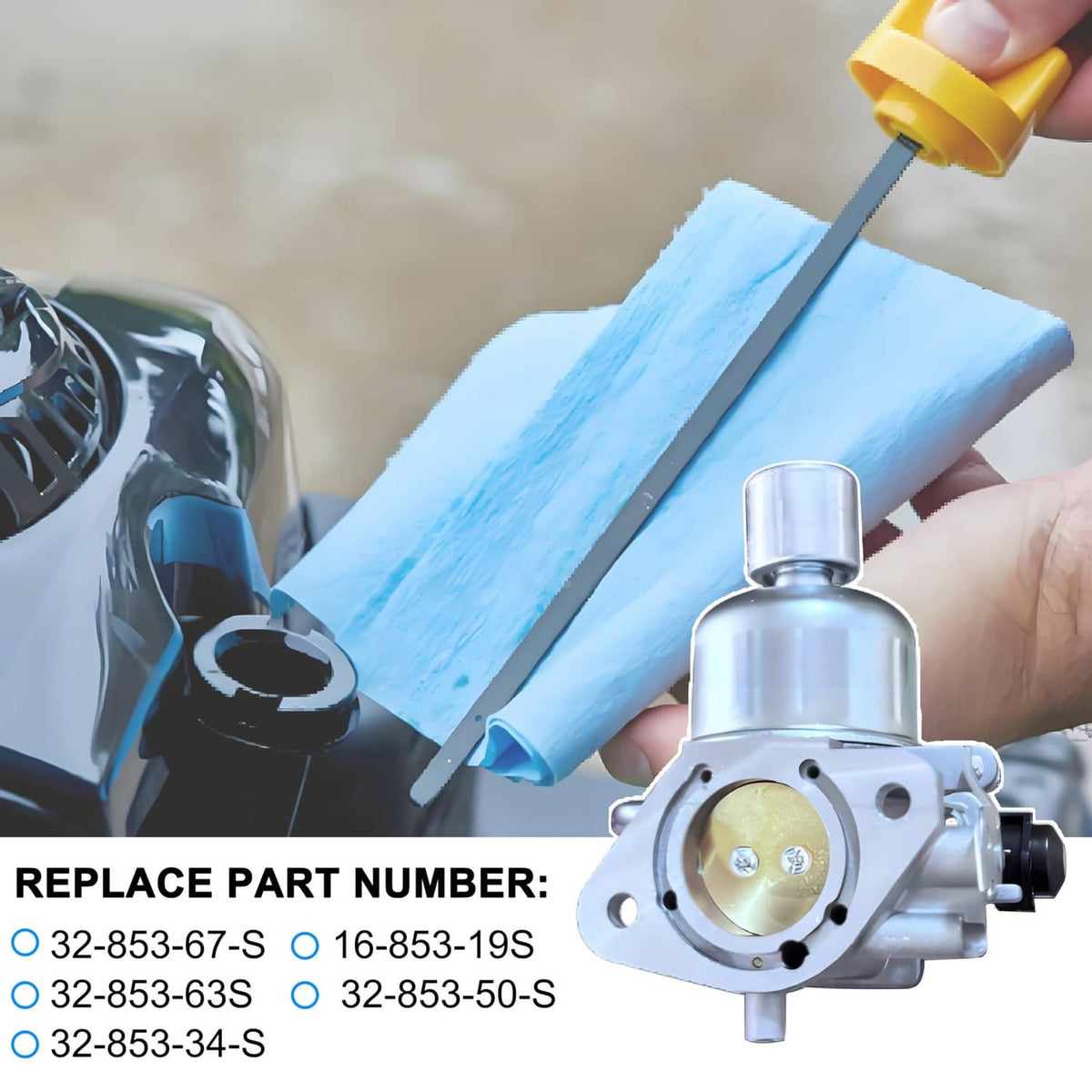 Carburetor kit in hand with metal housing, air intake parts, and included fuel fittings