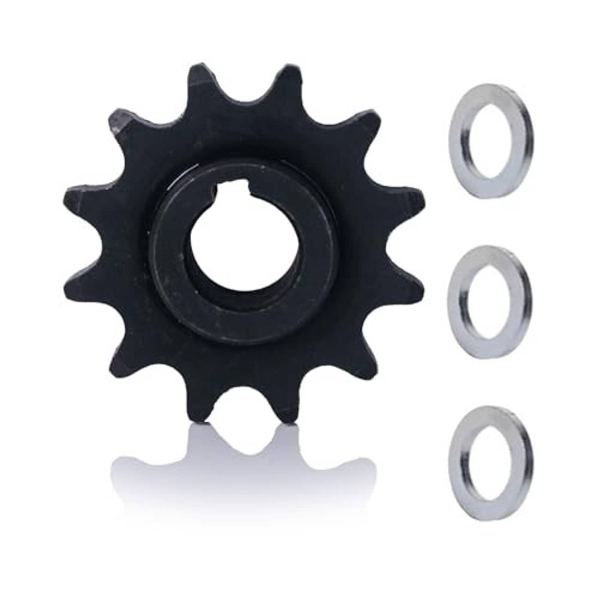 Black sprocket gear with center bore and three silver spacer washers, round discs.
