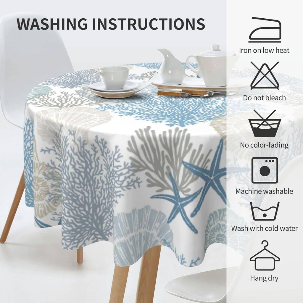 Sea-themed round tablecloth fabric with blue coral print and cream background