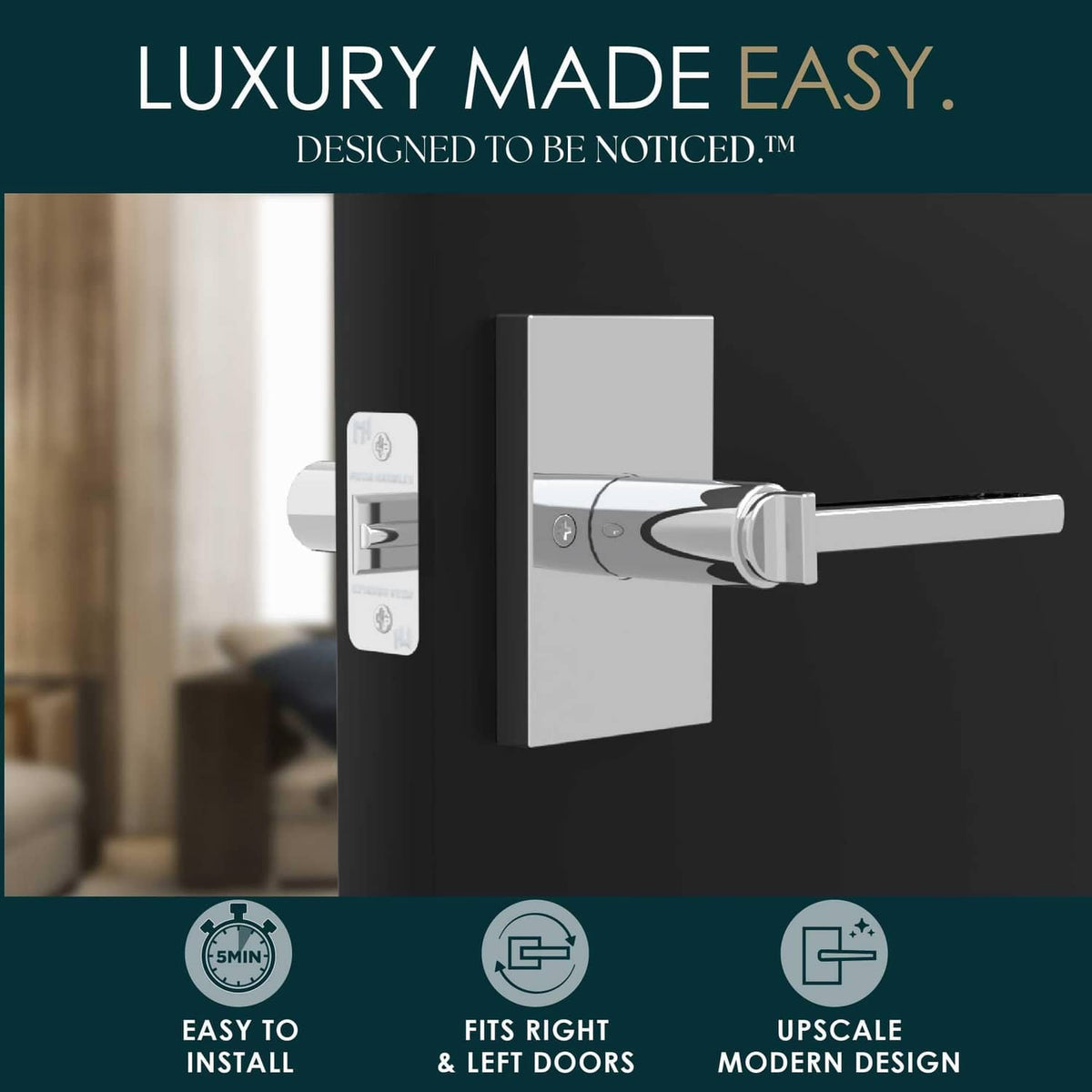 Polished chrome door lever lock handle with key cylinder and long lever