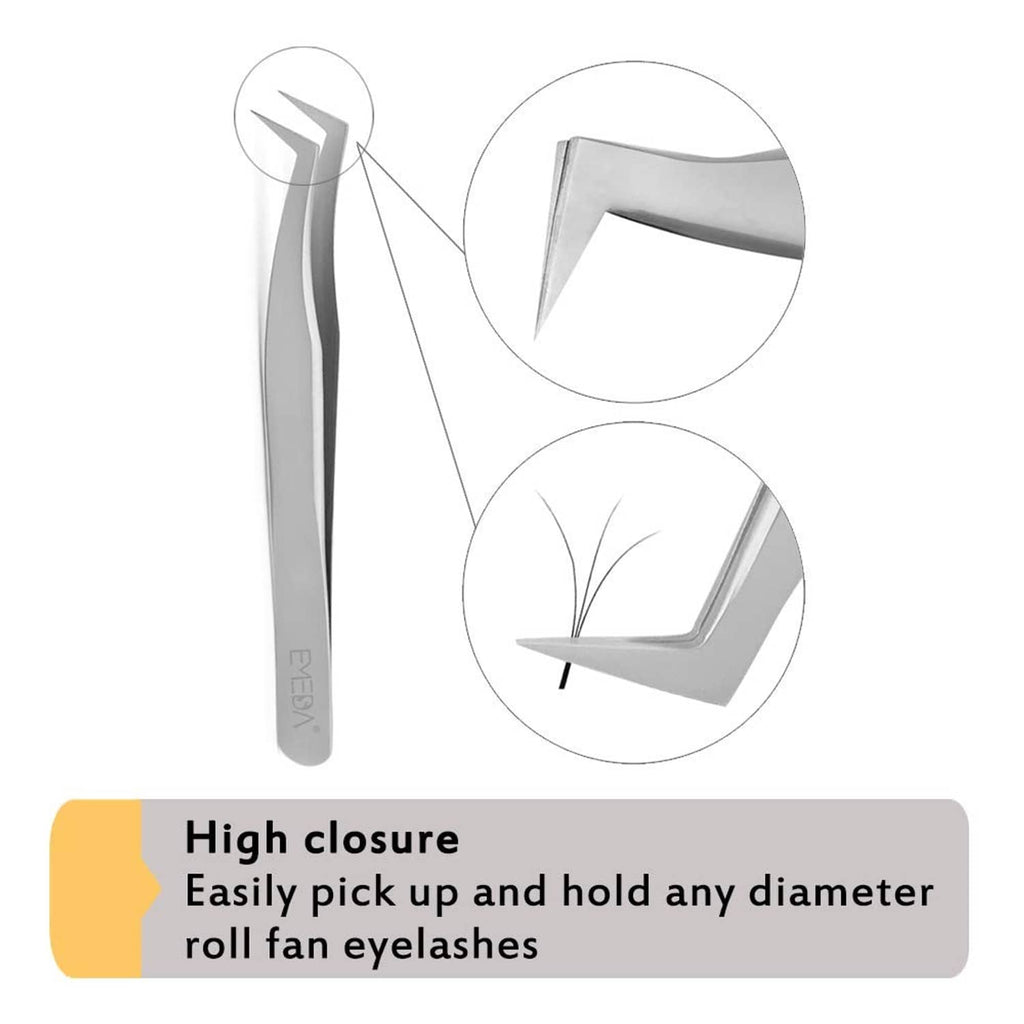 Emeda eyelash extension tweezers with high-closure angled jaws for fan lash hold