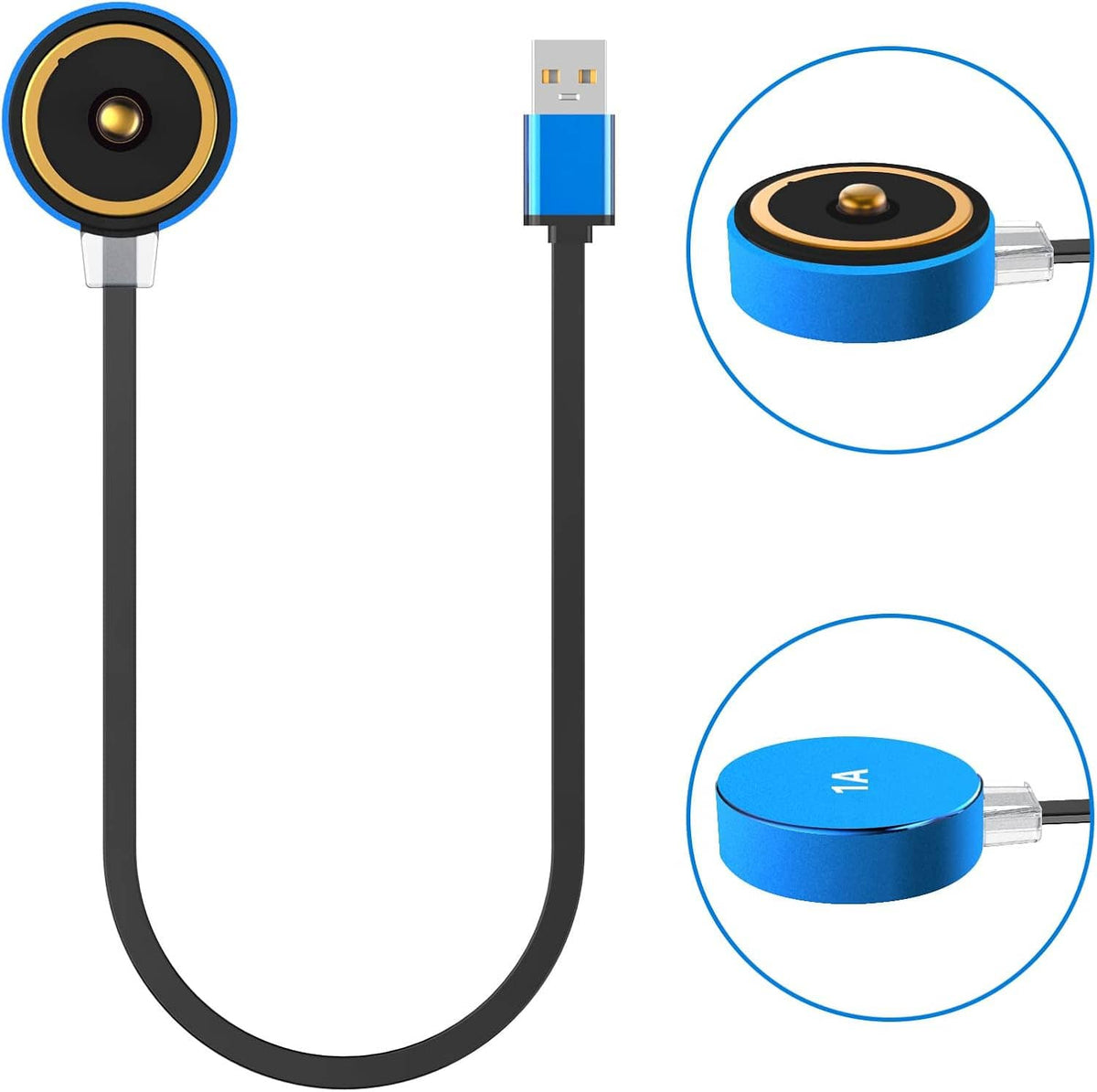 Magnetic charging cable with USB-A plug; blue 1A indicator on charging head