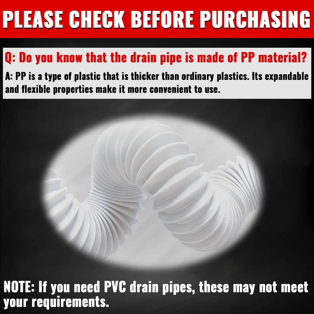 Flexible white PP sink drain pipe with corrugated coils and expanded flexible sections