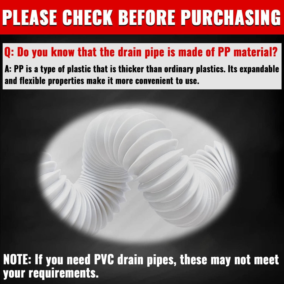 Flexible white PP sink drain pipe with corrugated coils and expanded flexible sections