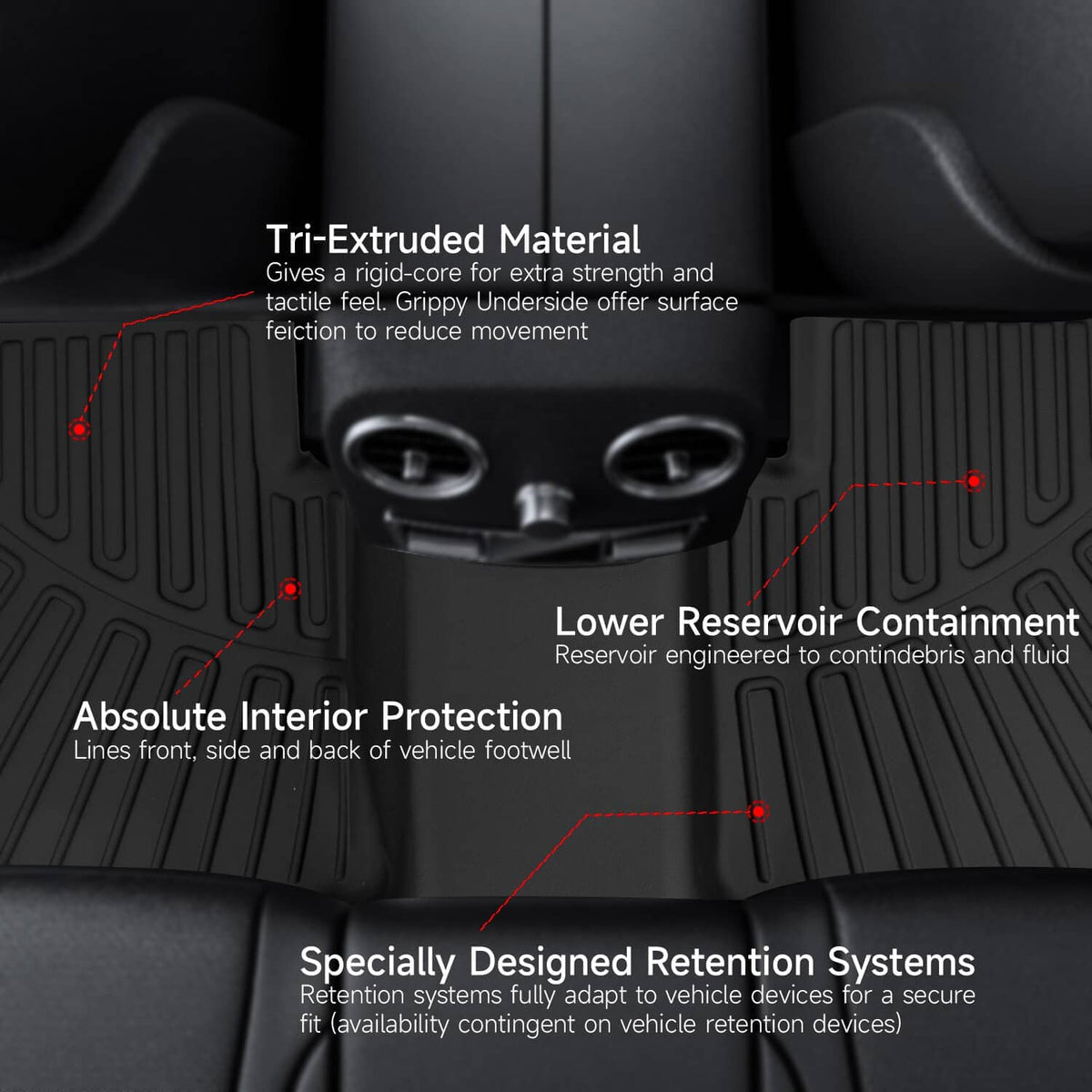 Black rubber floor liner with deep tri-channel grooves and built-in reservoir features