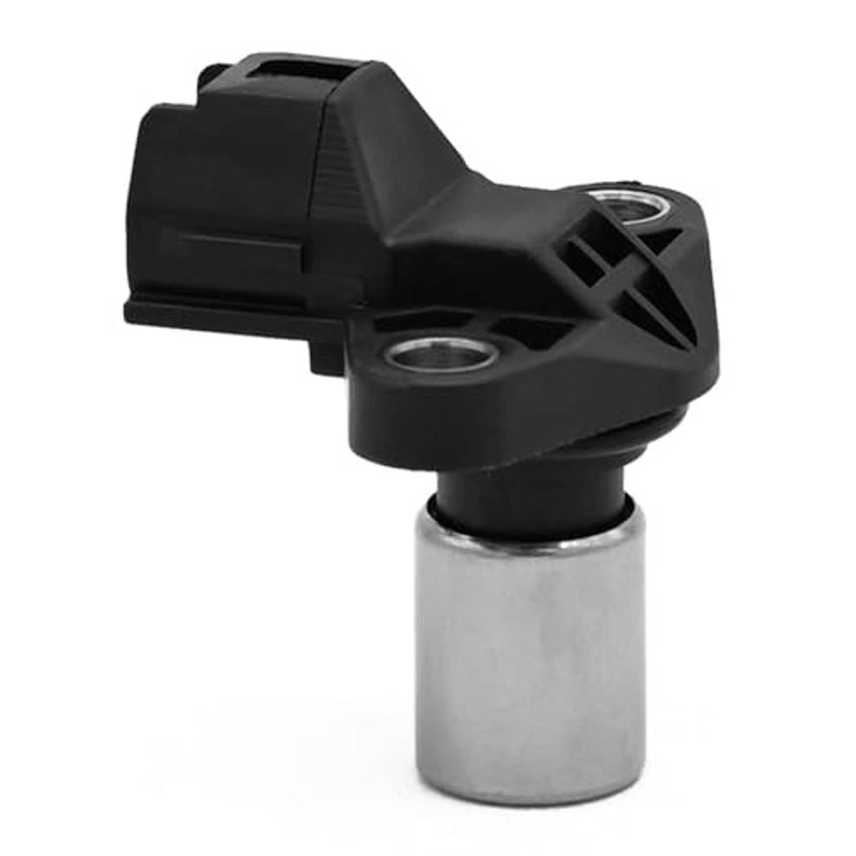 Camshaft position sensor with black housing and diagonal cutout, silver metal mounting post.