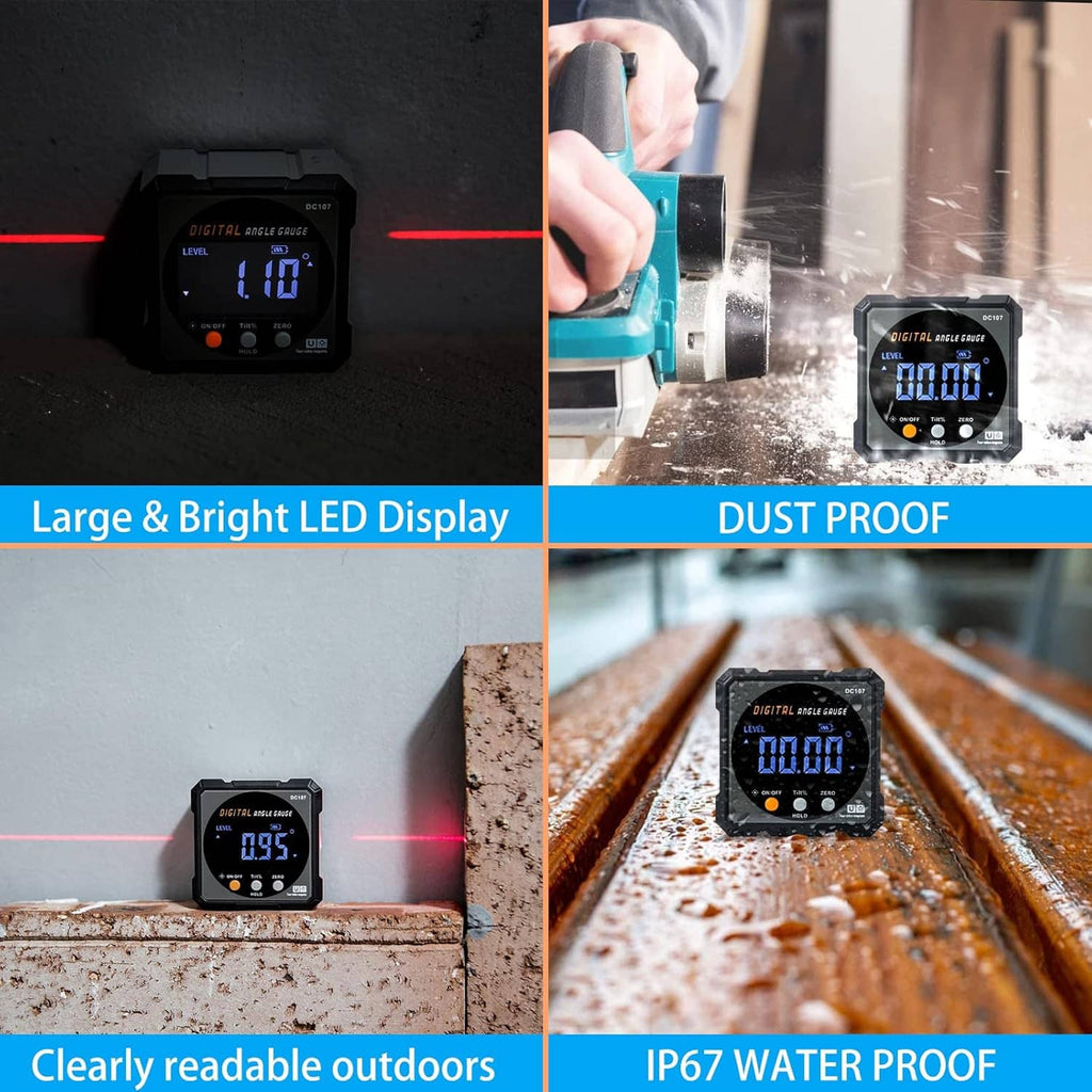 Digital angle finder gauge with large bright LED display on wall and outdoor wood