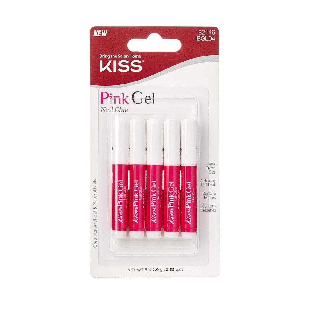 Pink gel nail glue kit in clear blister with 5 white applicator bottles