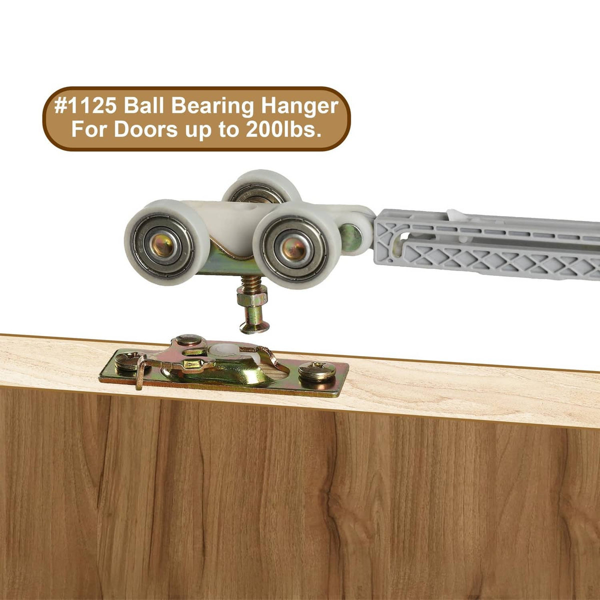 Ball bearing door hanger kit with dual wheels mounted on a sliding door track