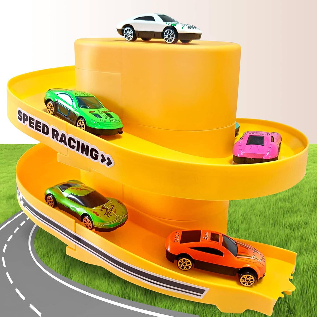 Orange car track slide level with toy cars on curved track and playset base