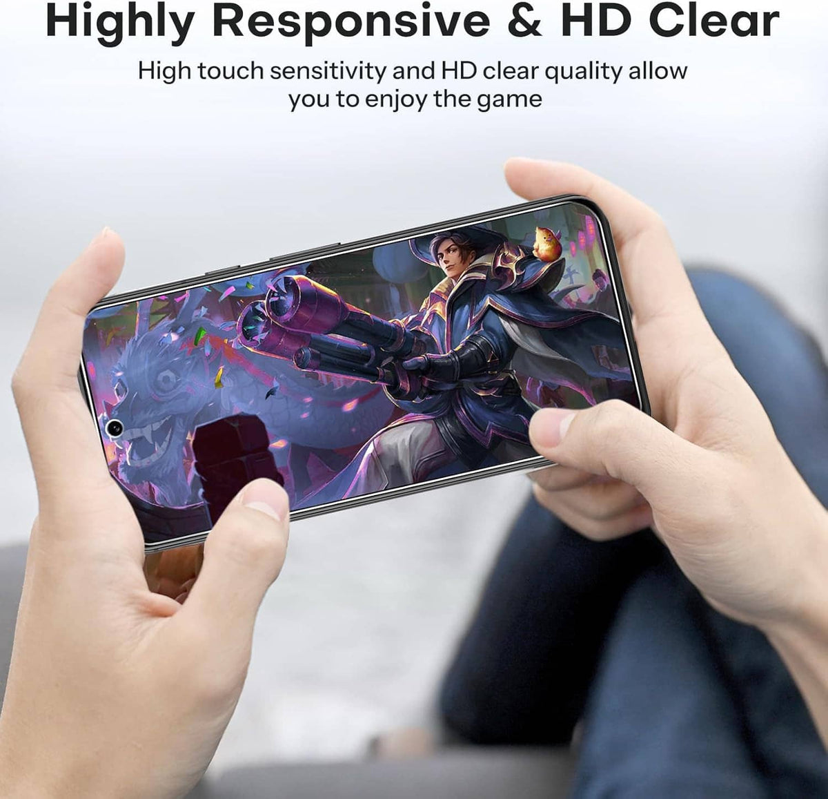 Tempered glass screen protector installed on phone with hands for responsive touch
