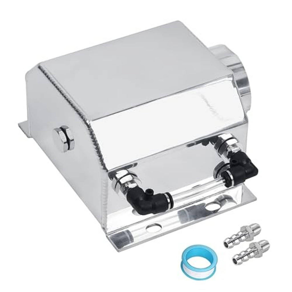 Silver coolant expansion overflow tank with black hose fittings and blue seal ring